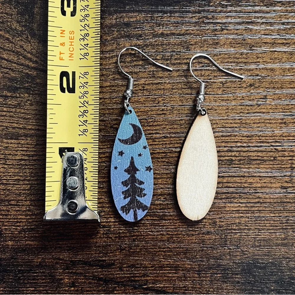 🟢 FREE WITH ANY PURCHASE OVER $10. Pine Tree Star Moon Earrings Wood Blue, Black